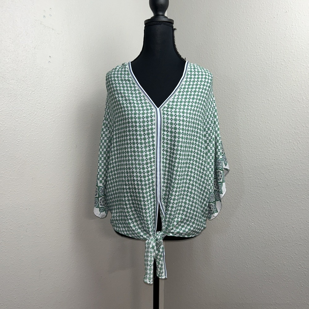 Max Studio Tie Front Blouse Women's Medium Green Floral Geometric Sheer Artsy